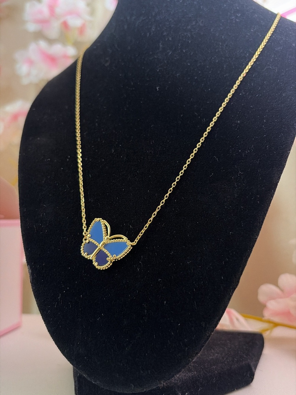 Gold Butterfly Pendant Necklace with Blue Enamel Wings